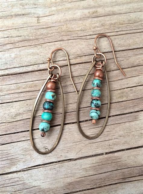 Stacked African Turquoise And Hammered Oval Copper Hoop Earrings