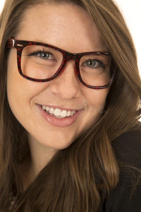 Pretty Brunette Woman Smiling Wearing Glasses Close Up Portrait Stock