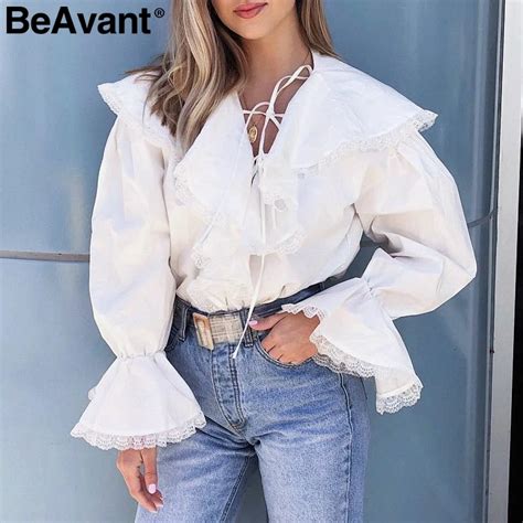 Simplee Loose V Neck Cotton White Blouse Women Vintage Ruffle Lace Up Shirt Ladieds Top Victoria