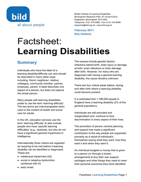 Factsheet Learning Disabilities British Institute Of Learning