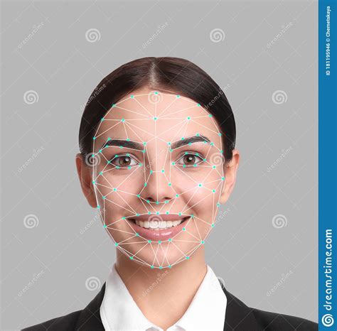 Facial Recognition System Young Woman With Biometric Identification