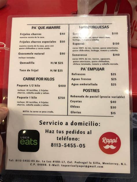 Carta Del Restaurante El Yaqui Taquería Sonorense Monterrey