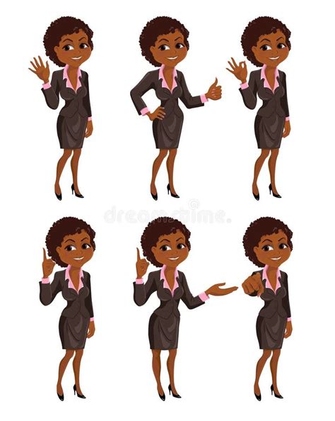 Cartoon African American Business Woman Gestures Set Stock Vector