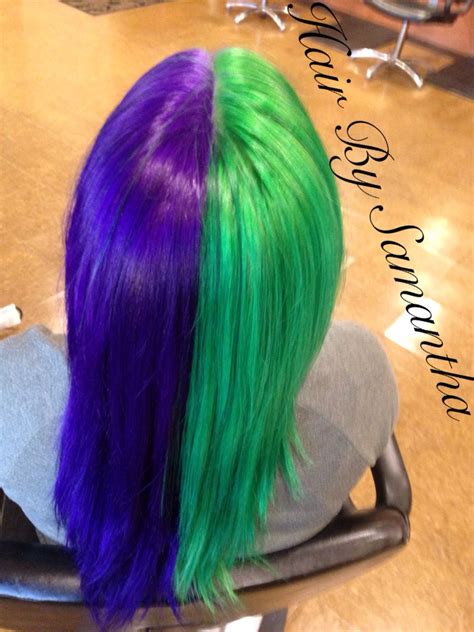 Half And Half Green And Purple Hair Purple Hair Split Dyed Hair