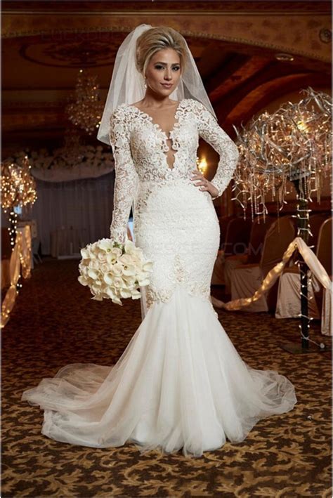 Champagne wedding dresses with white lace appliques, colored wedding gowns, vintage lace wedding dresses any question,welcome to contact frankwang_28@outlook.com no. Sexy Mermaid Long Sleeves Lace Wedding Dresses Bridal ...