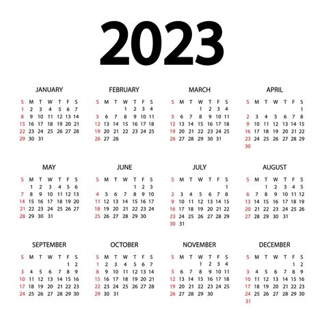 Calendar 2023 Year Vector Illustration The Week Starts On Sunday