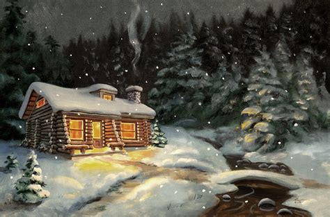 Log Cabin Winter Snow Landscape 24x36 Oils On Canvas By