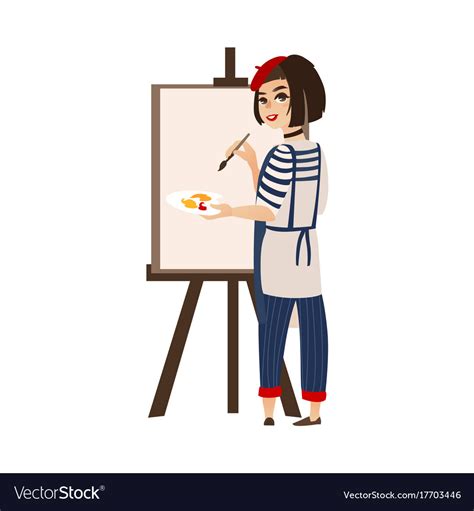 Flat Woman Artist Painter Drawing On Easel Vector Image
