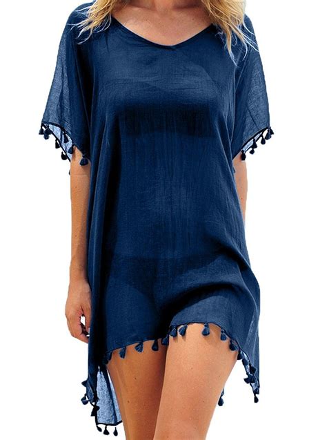 Adreamly Women S Stylish Chiffon Tassel Kaftan Swimsuit Beachwear Cover Up Free Size Navy Blue