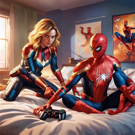 Captain Marvel And Spiderman Playing Playstation Ai Generated Artwork