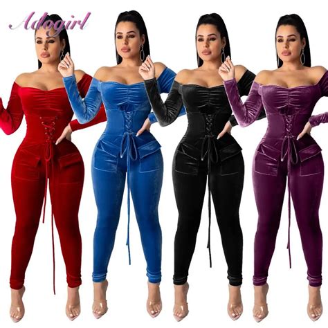 Vazn Top Design 2020 Sexy Lady Spring Colors Velour Solid Jumpsuit Full Sleeve Skew Neck