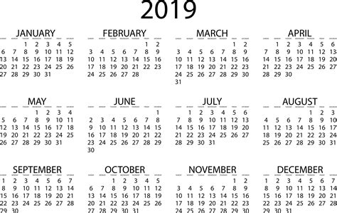 Download 2019 Calendar Transparent 01s Printable 2019 Yearly Calendar