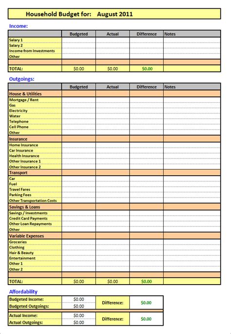 Free Printable Monthly Household Budget Template Vissaad