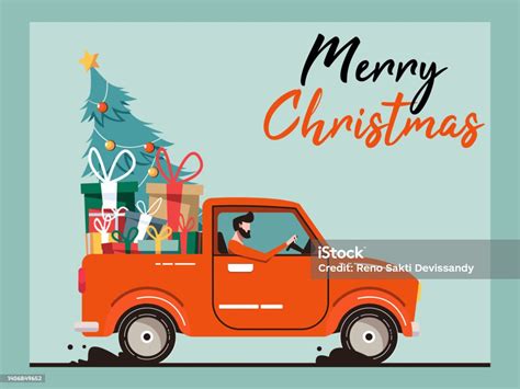 Christmas Truck Vector Illustration With A Christmas Tree And Present Stock Illustration