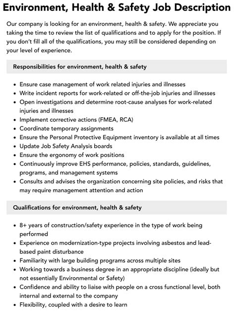 Environment Health And Safety Job Description Velvet Jobs