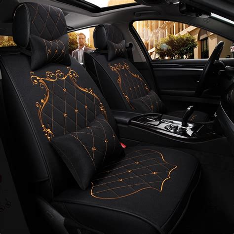 Flax Fabric Automobile Seat Covers Universal Classic Embroidery Car