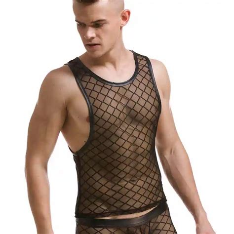 Aliexpress Com Buy Summer Black Plaid Mens Fishnet Tank Man Sexy