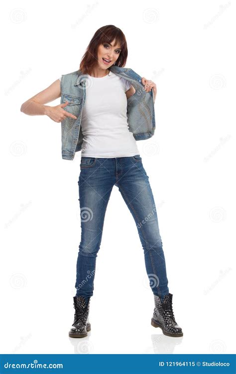 Woman In Unbuttoned Jeans Jacket Is Pointing At Herself Stock Image