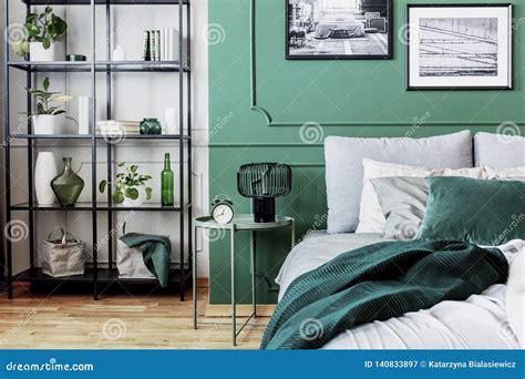 White Grey And Green Classy Bedroom Interior Design Stock Image