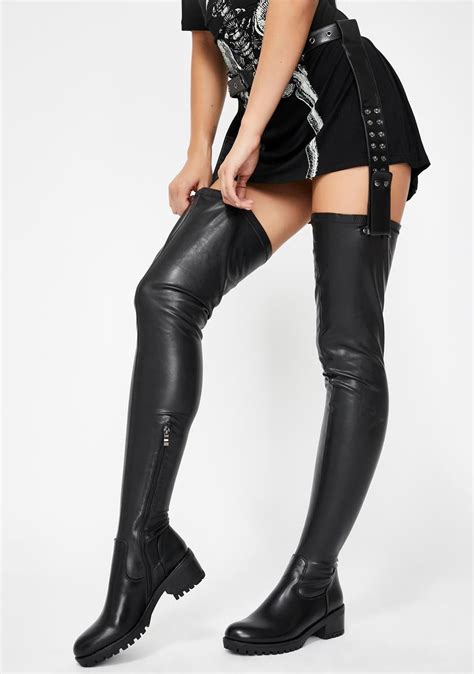 Azalea Wang Thigh High Belted Vegan Leather Boots Black Dolls Kill