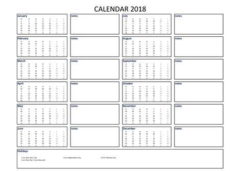 2018 Calendar Excel A4 Size With Notes Download Our Free Printable