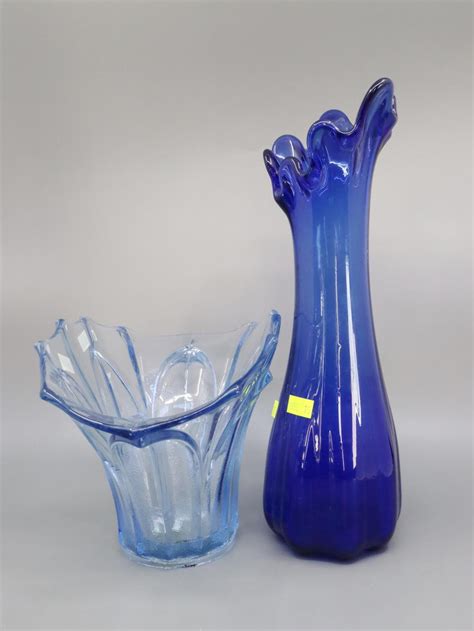 Lot Art Deco Blue Depression Glass Vase And Blue Fluted Top Mantle Vase