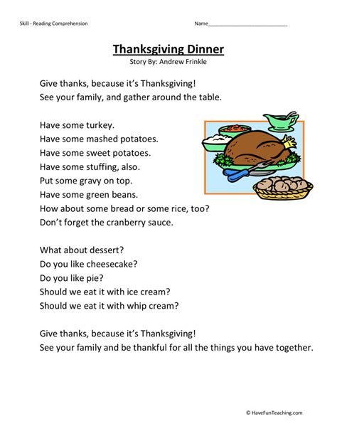 Reading worksheets fun reading worksheets for kids. Reading Comprehension Worksheet - Thanksgiving Dinner