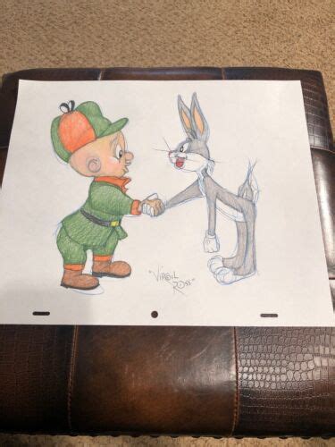 Virgil Ross Sketch Bugs Bunny And Elmer Fudd Shaking Hands Signed 12