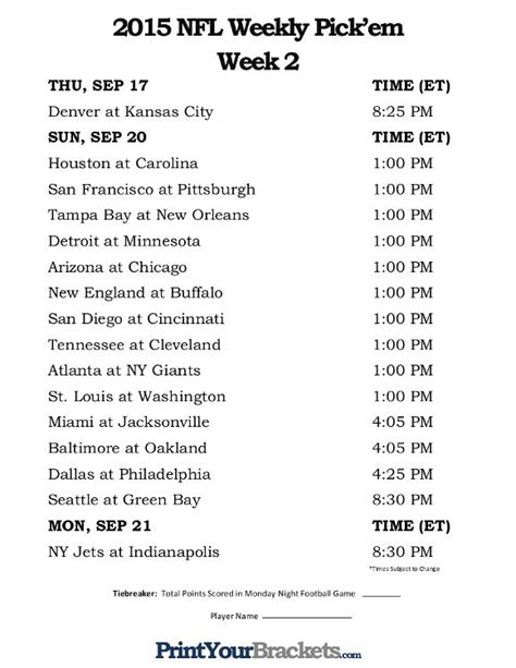 Week 2 Nfl Printable Schedule Customize And Print