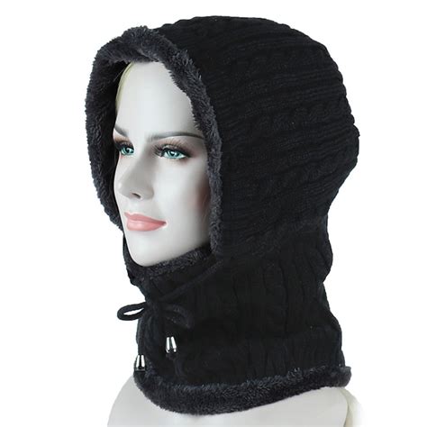Women Winter Warm Drawstring Knitted Hat Neck Warmer Fleece Lined Hood