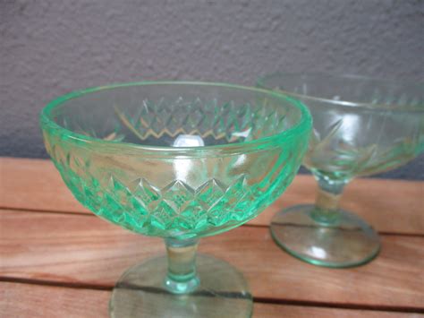 4 Vintage Green Depression Uranium Glass Sherbets Dessert Etsy