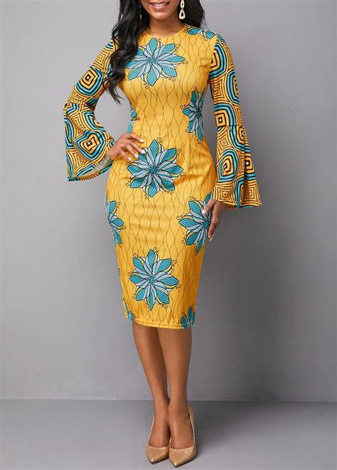 Flower Print Flare Sleeve Yellow Dress Usd 3079 African Print Fashion Dresses