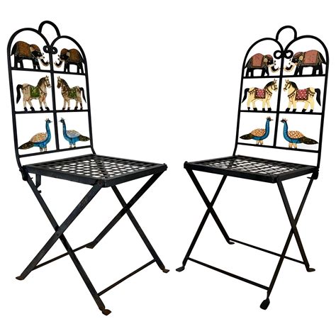 French Foldable Pair Of Wrought Iron Garden Chairs With Animals Free