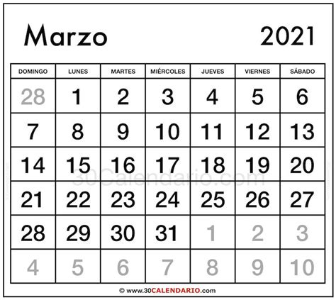 Marzo 2021 Calendario 30 Calendario