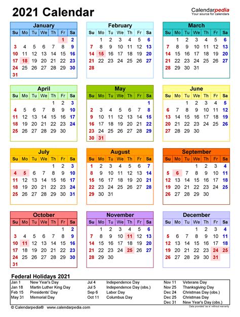 Yearly Calendar 2021 With Federal Holidays Calendar Printable Free