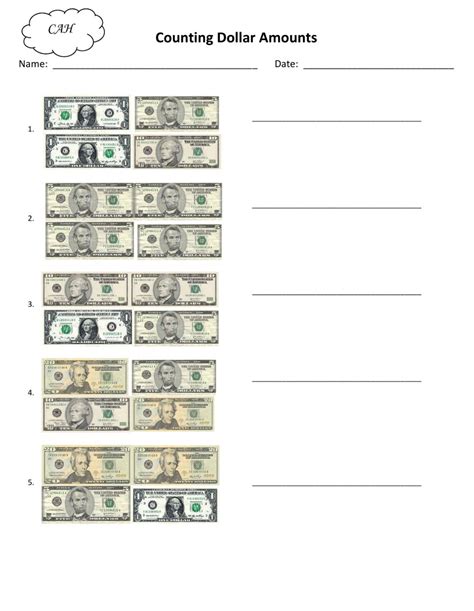 Identifying Dollar Bills Worksheet