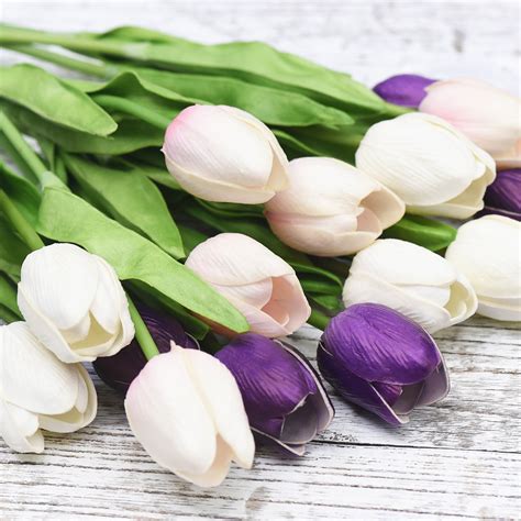 mix white and purple real touch tulips artificial flowers bouquet 15 s fiveseasonstuff