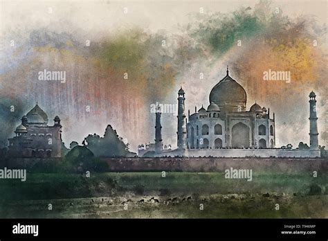 Watercolor Painting Of Taj Mahal Scenic Sunset View In Agra India