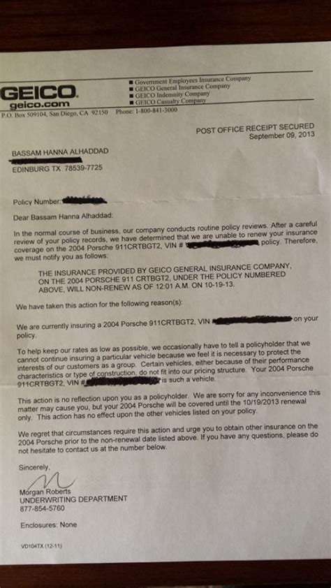 This is typically done by email, or by a claims or service agent. Geico will not renew my GT2 insurance! - Rennlist ...