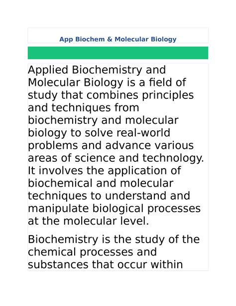 Applied Biochemistry And Molecular Biology App Biochem And Molecular