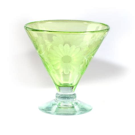 Rose Ann Hall Etched Mexican Glassware Martini Dessert Glass Green Mexican Glassware
