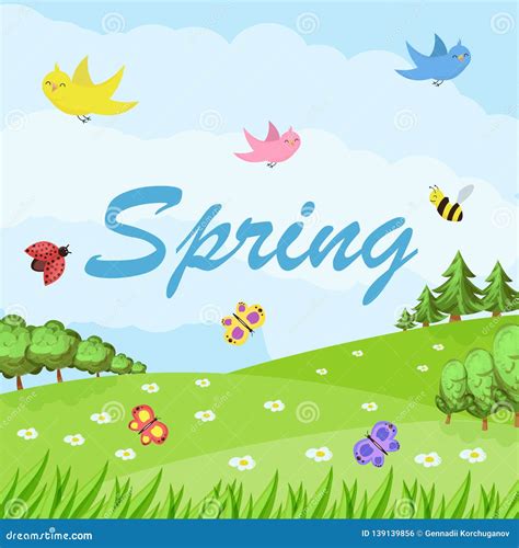 Spring Cartoon Landscape With Trees And Clouds And Flowers Stock Vector