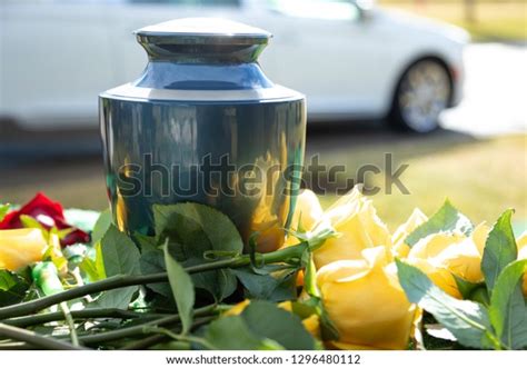 Burial Urn Yellow Roses Bright Funeral Stock Photo 1296480112