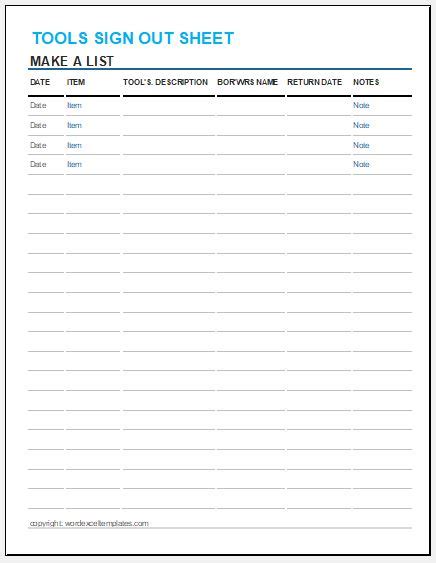 Tools Sign Out Sheet Template For Excel Word And Excel Templates