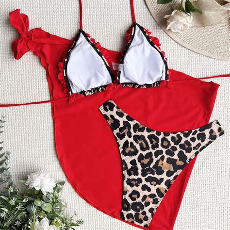 leopard print high cut ruffle slide triangle brazilian three piece bik brazilian bikini swimsuits