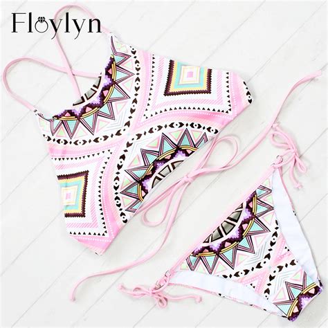 Floylyn Women Print Bikini Set Halter Crop Top High Neck Bikinis Set