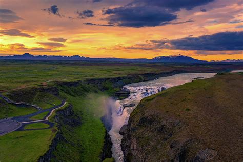 Aerial View Of Sunset Over Gullfoss Waterfall And The Olfusa River In