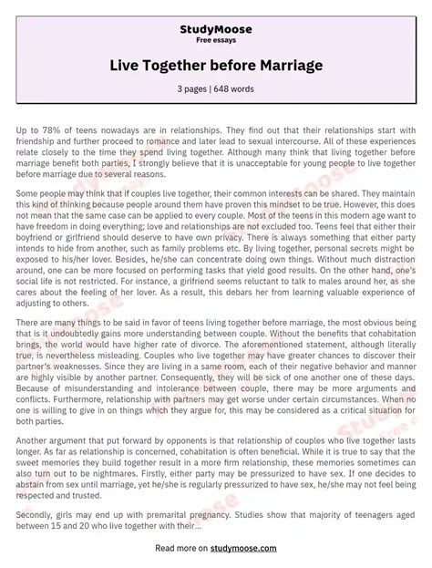 Live Together Before Marriage Free Essay Example