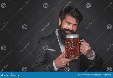 Man With Beard Drink Beer Retro Man In Black Suit With A Beer Bearded