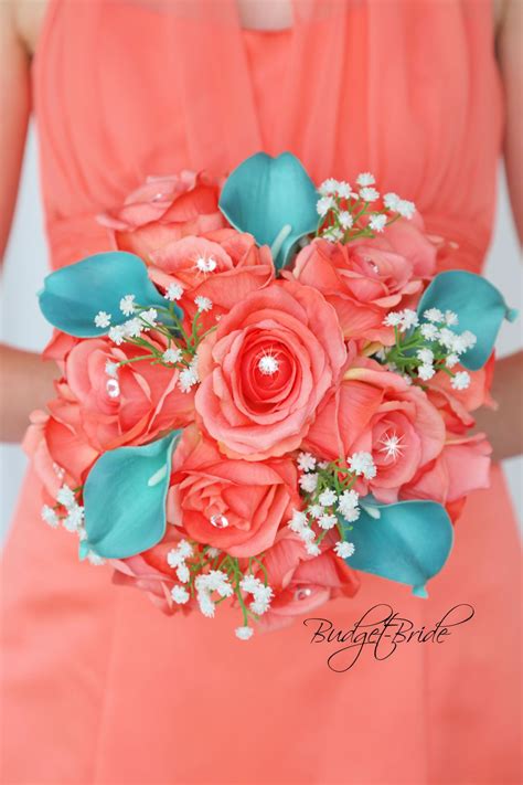 Coral Reef And Teal Wedding Flowers With Bling And Babies Breath Davids